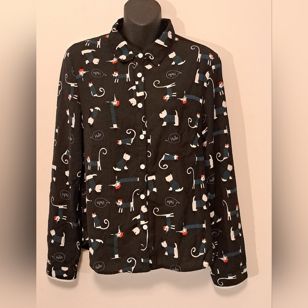 Lasorella Woman Cat & Dog Patterned Button Down Shirt Misses Size Medium